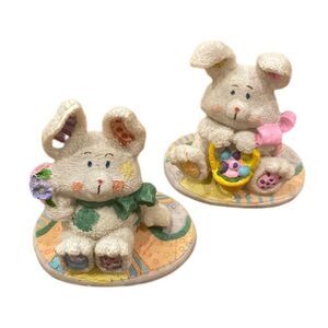 Vintage Easter Bunny Figurines Set of Two Ceramic Rabbits Eggs Flowers Whimsical